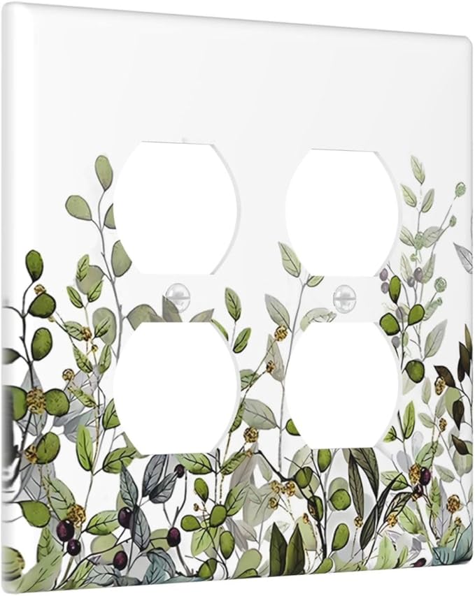Watercolor Green Eucalyptus Leaves Plants Fruit Outlet Covers 2 Gang Double Duplex Decorative Light Switch Covers Electrical Wallplates Socket Faceplate for Bed Room Living Room Decor