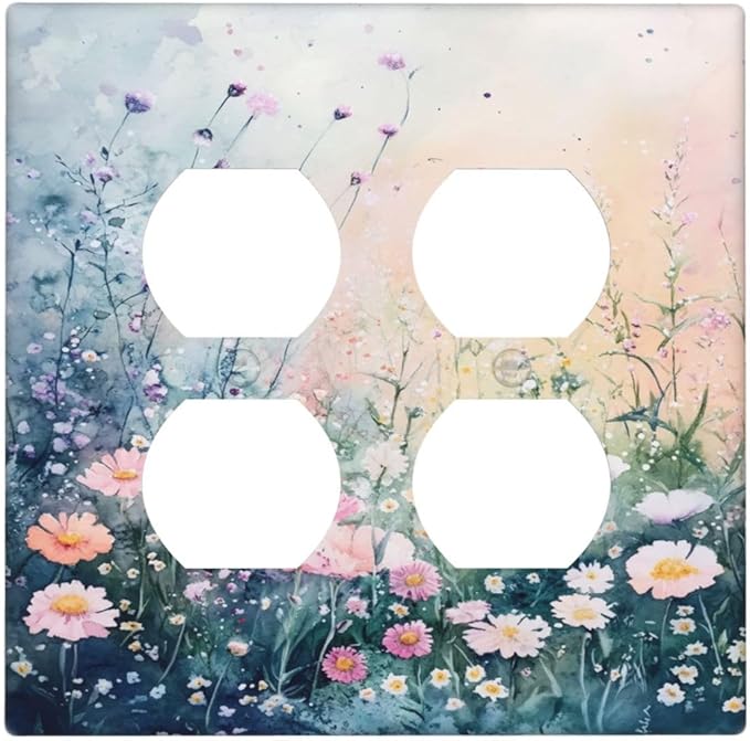 Decorative Switch Plate Covers Pink Floral Wildflower Green Plants 2 Gang Outlet Covers Double Duplex Light Switch Cover Plate Gfci Wall Plate for Bathroom Decor