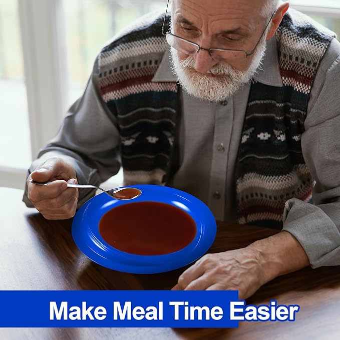Hushee Adaptive Spill Proof Scoop Bowl and Plate Set with Suction Base Non Skid Self Feed Dinnerware for Elderly Disabled Handicapped from Parkinsons, Dementia, Stroke, Tremor(2 Sets,Blue)