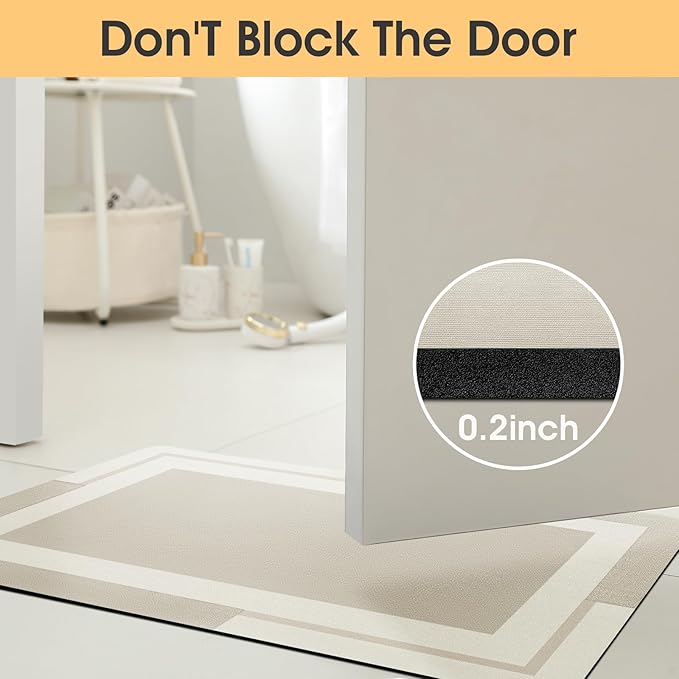 Ultra Thin Bath Mat, Upgrade Backing Non Slip Thin Bath Mats Fit Under Door, Quick Dry Ultra Absorbent Bathroom Rugs, Machine Washable Bath Rugs for Bathroom, Bathtub, Light Beige/Bordered/32"x20"