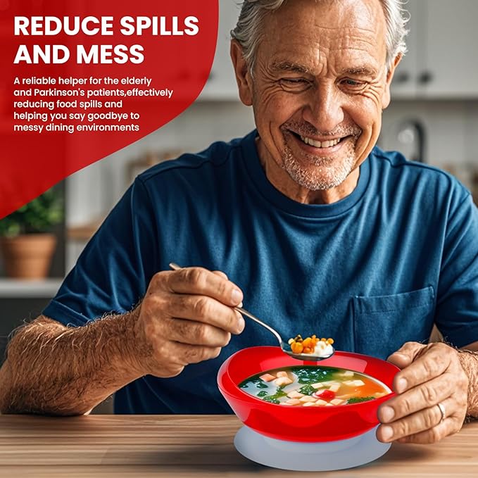 Spill Proof Scoop Plate and Bowl with Non-Skid Suction Base, Adaptive Self-Feeding Dinnerware for Elderly and Disabled(Red)