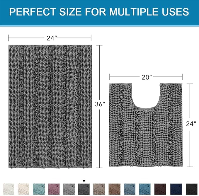 H.VERSAILTEX Bathroom Rugs Bath Rug Set 2 Piece Bathroom Contour Rug Toilet Mat Sets Non Slip Contour Bath Rug Ultra Thick Water Absorbent Striped Bath Mats Washable(36" x 24" Plus 20" x 24" U, Grey)