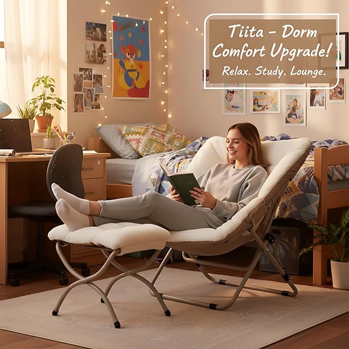 Tiita Folded Chair with Ottoman, Soft Faux Fur Oversized Folding Accent Chair,Lounge Lazy Chair, Metal Frame Moon Chair for Bedroom, Living Room, Dorm Rooms, Garden and Courtyard