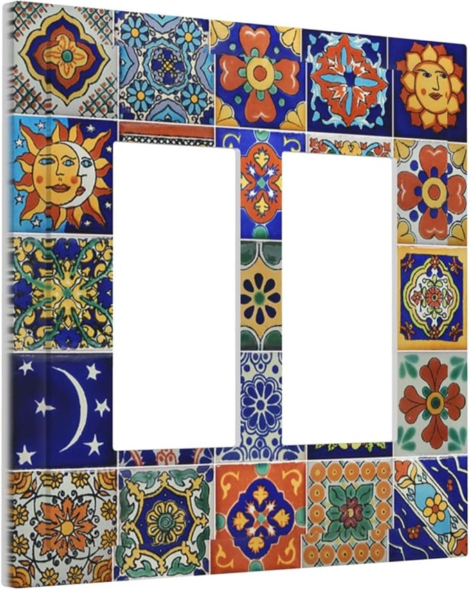 Decorative Outlet Covers Mid Century Talavera Shaped Tiles 2 Gang Double GFCI Rocker Electrical Wall Panels Light Switch Cover Plate for Bedroom Bathroom Decor