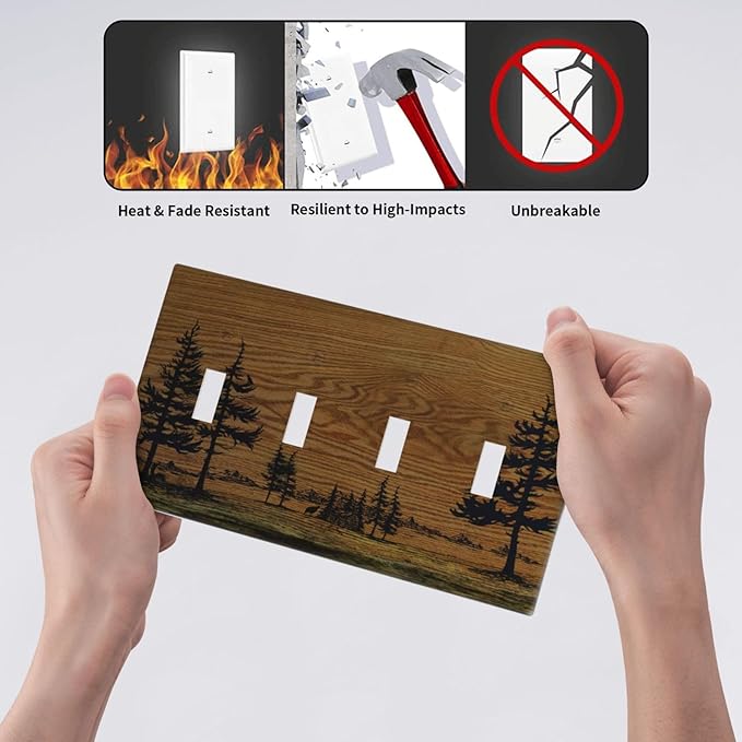 Decorative Switch Plate Covers Rustic Farmhouse Brown Board Pine Tree Wood Grain 4 Gang Light Switch Cover Plate Quad Toggle Wall Plate Light Switch Covers for Bathroom Decor