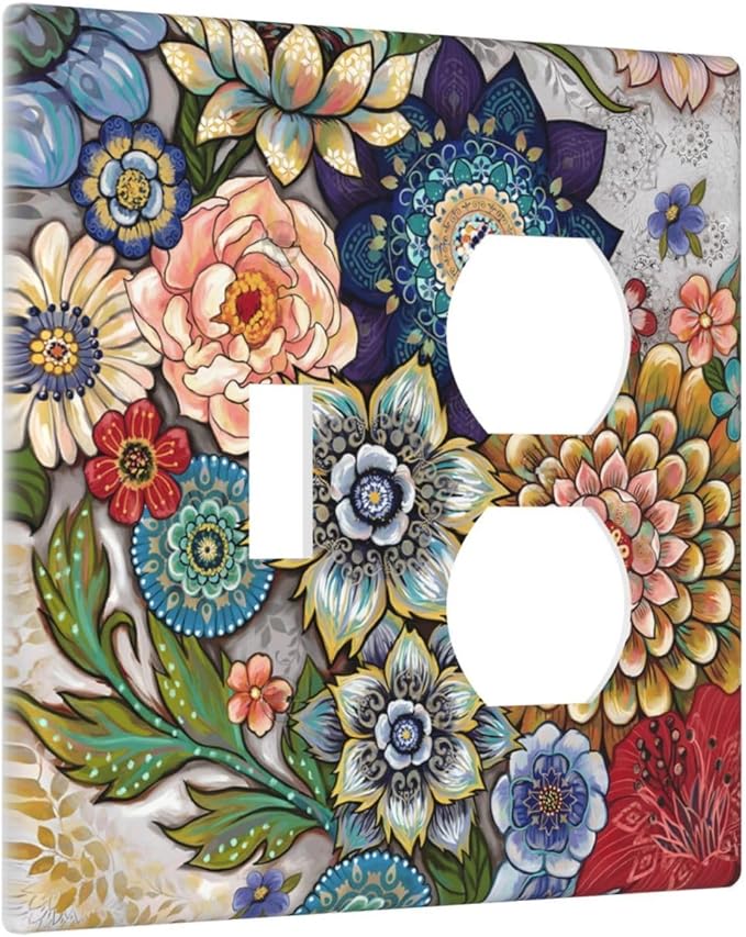 Boho Floral Colorful Floral Multi Color Flower Wallplates 1 Toggle 1 Duplex Switch Plate Electrical GFCI Faceplate Decorative Light Switch Covers for Bedroom Living Room Home Decor