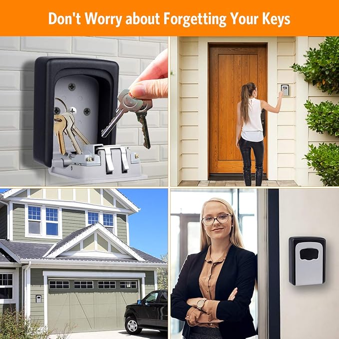 Fayleeko Key Lock Box Wall Mounted, 4 Digit Combination Lockbox for Outside, House Keys - 5 Keys Capacity, Key Safe Security Storage Lock Box for Indoor, Outdoor, Garage, Garden, Store (Black, 1Pack)