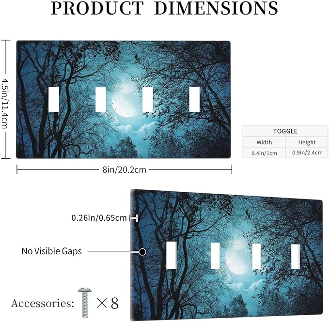 Light Switch Cover Teal Full Moon Forest 4 Gang Switch Plate Quad Toggle Wall Plates Turquoise Decorative Switchplate Electrical Outlet Cover Plates for Bathroom Bedroom Decor