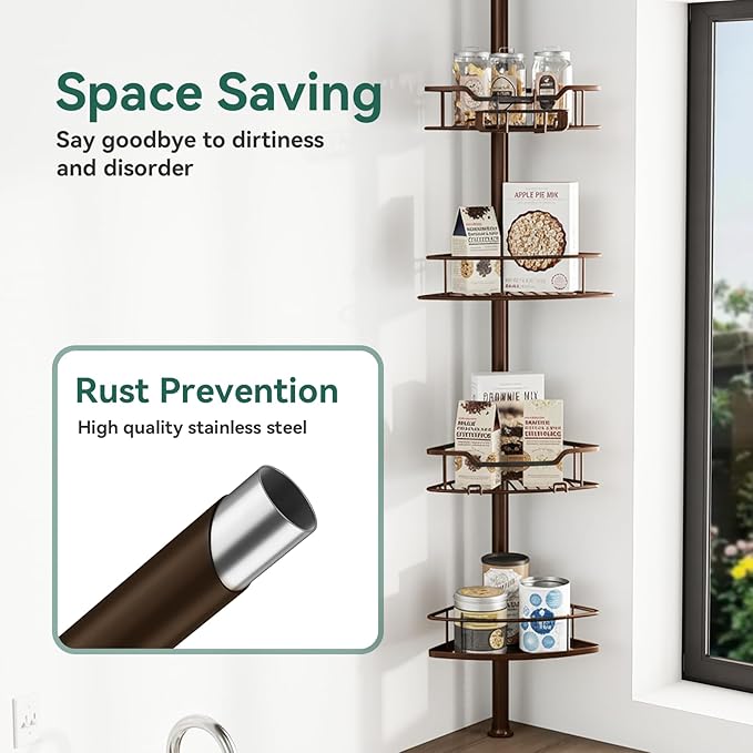 Corner Shower Caddy Tension Pole, 4 Tier Rustproof Shower Tension Rod Organizer, Adjustable 25-125 Inch Bathroom Shower Organizer Shelves for Bathtub Shampoo Storage, Brown