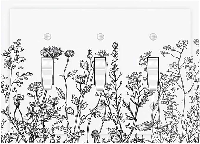 Decorative Switch Plates Floral Wildflower Rustic Plant Leaves 3 Gang Wall Plate Triple Toggle Light Switch Cover Faceplate Electrical Wall Panels For Farmhouse Cabin Decor