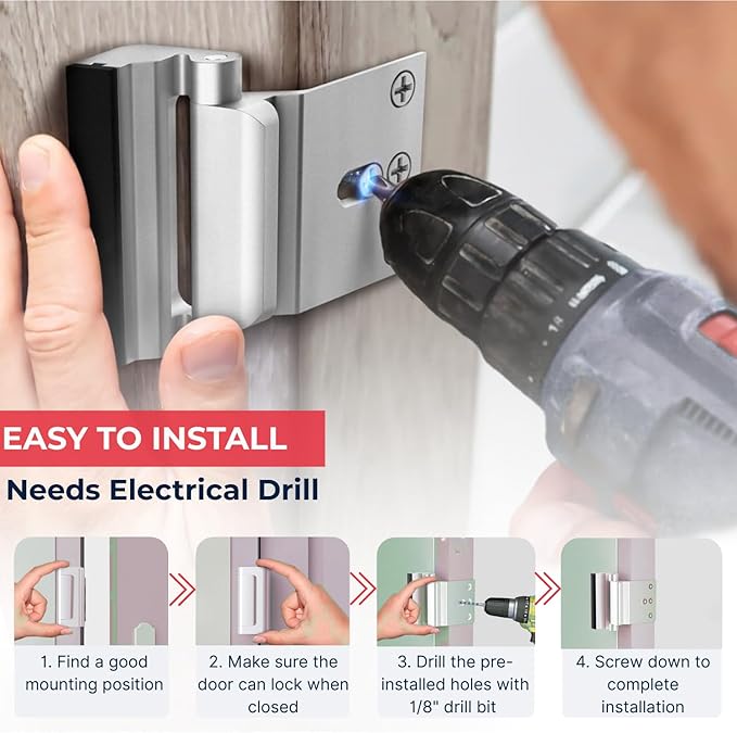 Door Reinforcement Lock - Home Security Child Proof Door Lock withstands 800 lbs, for Inward Swinging Doors, Door Locks for Kids Safety, Prevents Unauthorized Entry, Home Defense, 2-Pack