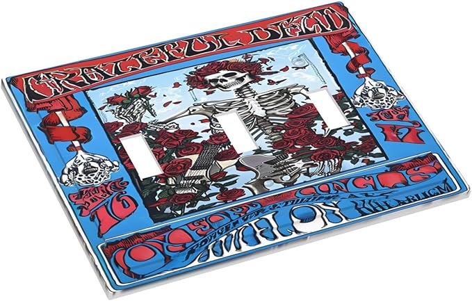 Decorative Switch Plate Covers Hippy Skull Red Rose Floral 3 Gang Light Switch Cover Plate Triple Toggle Wall Plate Light Switch Covers for Bathroom Decor