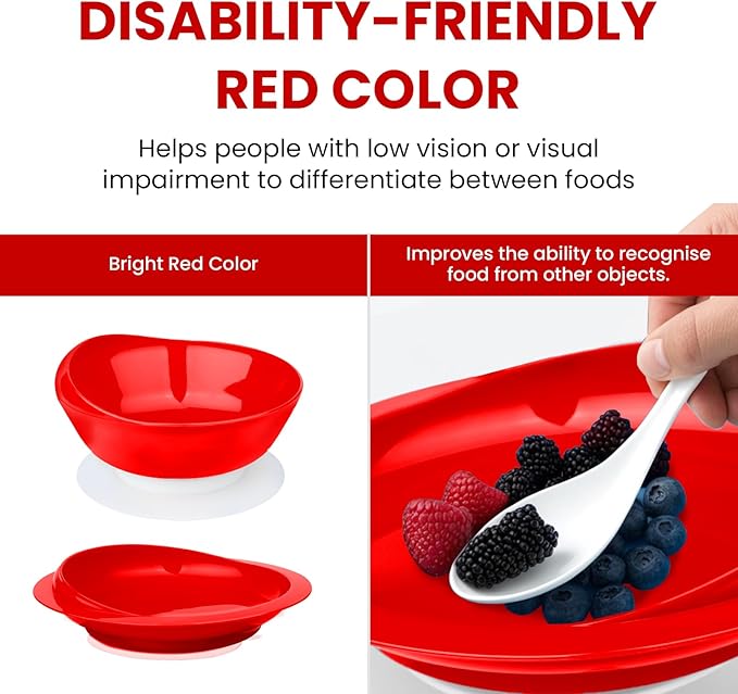 Spill Proof Scoop Plate and Bowl with Non-Skid Suction Base, Adaptive Self-Feeding Dinnerware for Elderly and Disabled(Red)