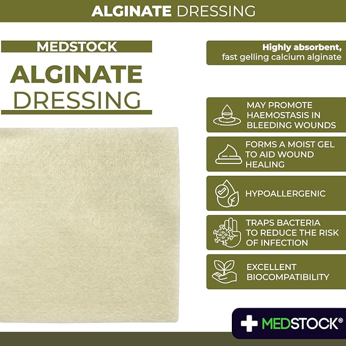 MEDSTOCK Alginate Dressing, 4"x4" (Pack of 10), Highly Absorbent Non-Woven Wound Care, Gel Formation for Optimal Healing Environment, Made with 100% Calcium Alginate Fibres