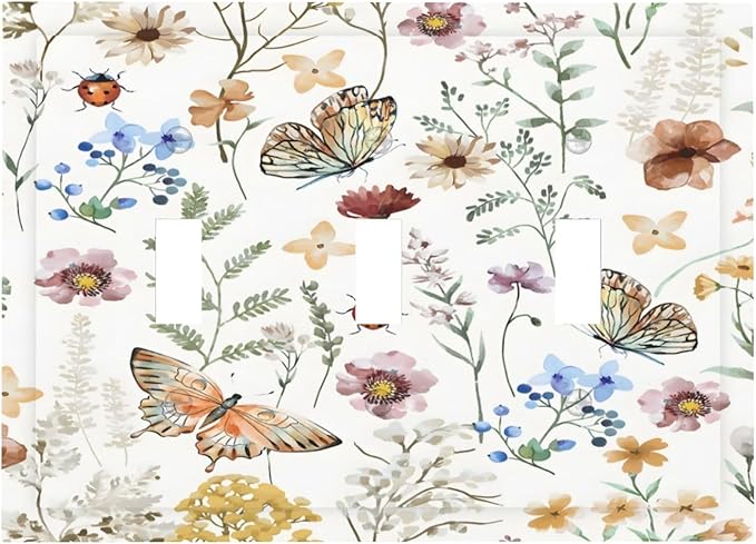 Boho Multicolor Flower Butterfly Insect Floral Decorative Switch Plates 3 Gang Wall Plate Triple Toggle Light Switch Cover Faceplate Electrical Wall Panels for Bedroom Living Room Decor