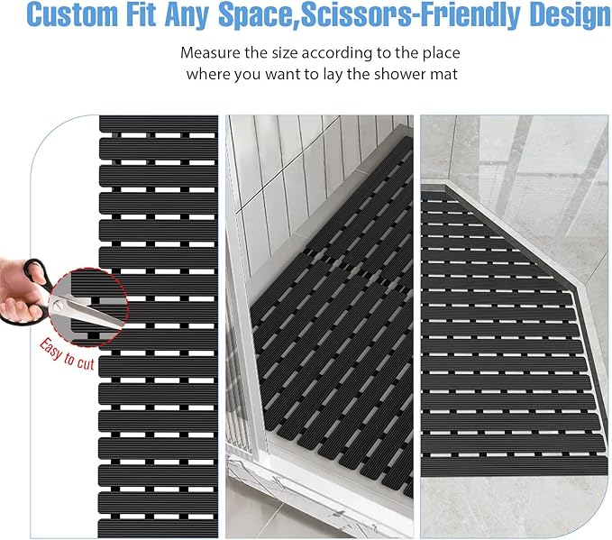 Shower Mat Non-Slip Bath Mat for Tub and Shower Stall,200+ Suction Cups with Drain Holes, Quick Dry Machine Washable, Extra Grip for Stand Up Showers, Bathroom Essentials 24x24 Inch(Black)