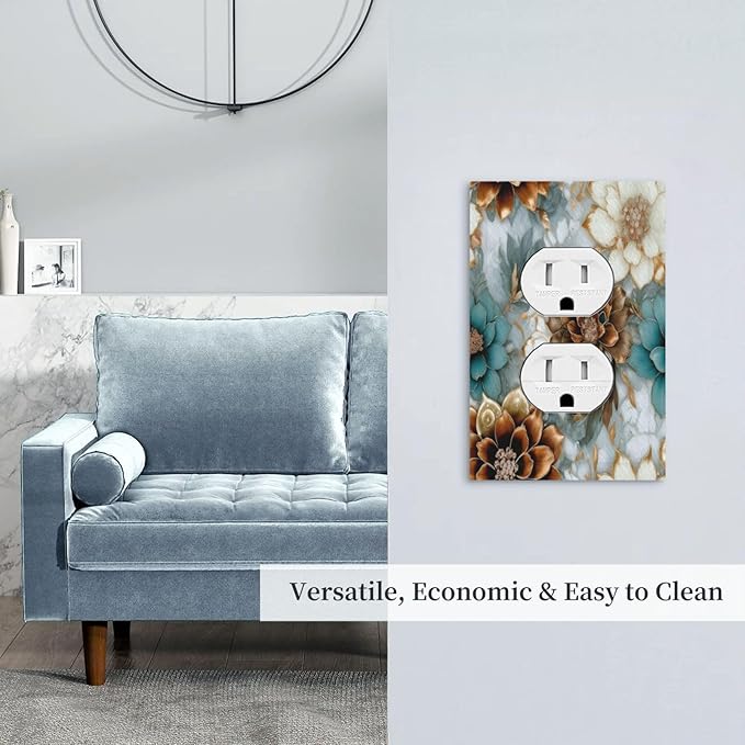 Vintage Marble Floral Gold/Green/White Metal Flowers 1 Gang Duplex Outlet Covers Decorative Single Light Switch Cover Electrical Receptacle Wall Plate Plug Switchplate Faceplate Bathroom Decor