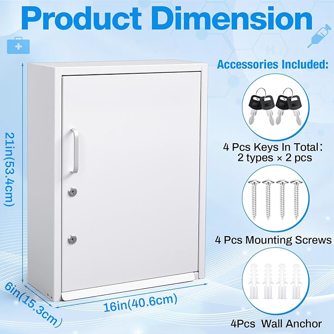 Zonon Locking Medication Cabinet with Document Pocket, Metal Wall Mounted Medication Cabinet with Dual Keys and Lock (White,21 x 16 x 6 Inch,Right Angle)