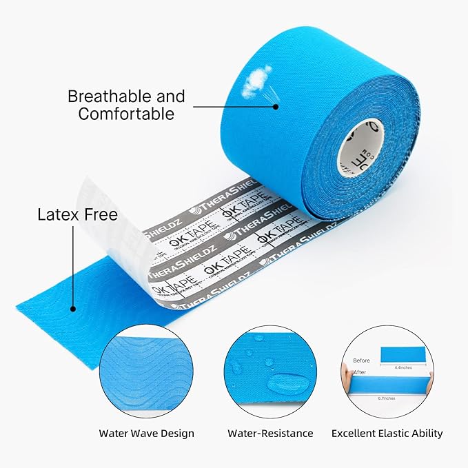 OK TAPE Regular Kinesiology Tape (3 Pack), Original Cotton Athletic Tape for Support Muscle Joint Knee, Sports Waterproof Tape Uncut Strips Latex Free, Hypoallergenic, 2in×16.4ft - Light Blue