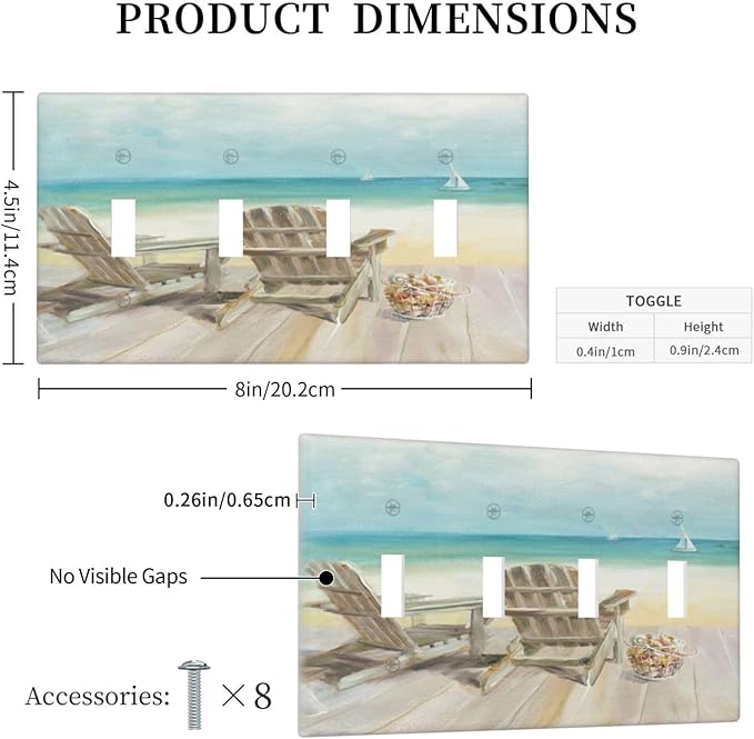 Light Switch Cover Beach Chair Seascape Blue Ocean 4 Gang Switch Plate Quad Toggle Wall Plates Modern Coastal Decorative Switchplate Electrical Outlet Cover Plates for Bathroom Bedroom Decor