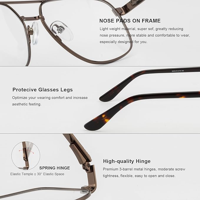 RB. Pilot Reading Glasses for Men Square Double Bridge Light Blocking Computer Readers Spring Hinge Metal Frame Acetate Legs