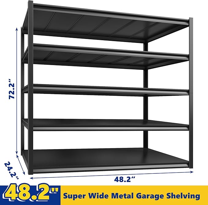 REIBII Garage Shelving 48.2" W Storage Shelves 3000LBS Metal Shelving Heavy Duty Adjustable Metal Shelf 5 Tier Pantry Shelves for Basement Warehouse Supermarket 72.2" H x 24.2" D x 48.2" W, 4 Pac