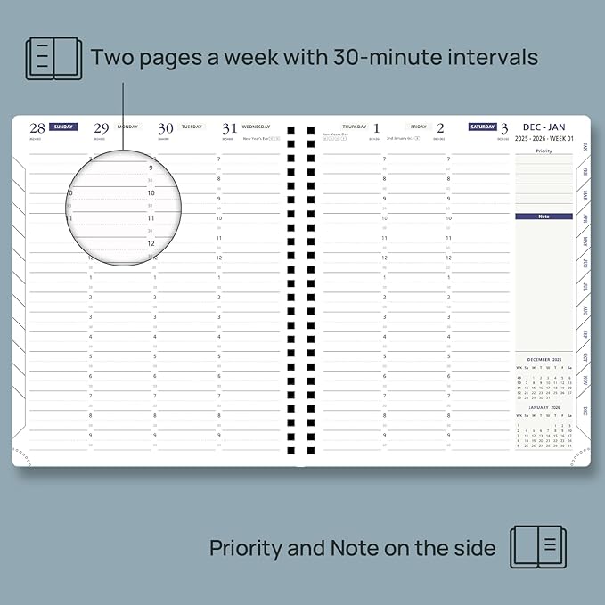 POPRUN 2026 Weekly Planner 30-Mintue (Medium 7'' x 8.5'') - From Jan 2026 to Dec 2026 - Two Pages Per Week Appointment Book with Monthly Tabs, Softcover, Inner Pocket, Pen Holder - Pink