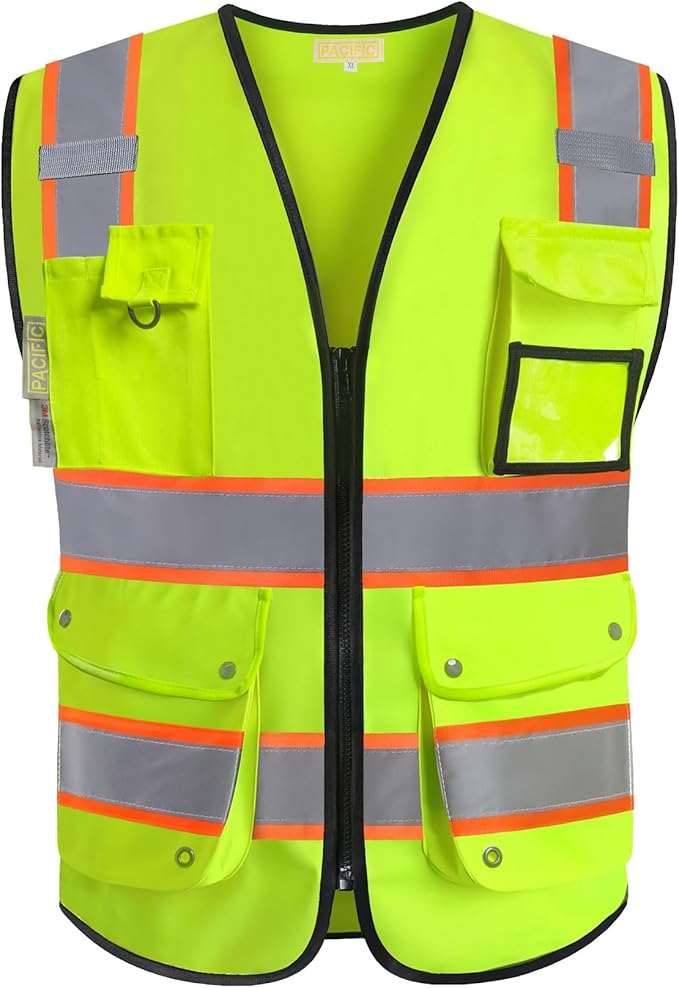 PACIFIC 10 Pockets Class 2 Safety Vest for Men, 3M High Visibility Reflective Strips, Meets ANSI/ISEA Standard, Yellow, XX-Large