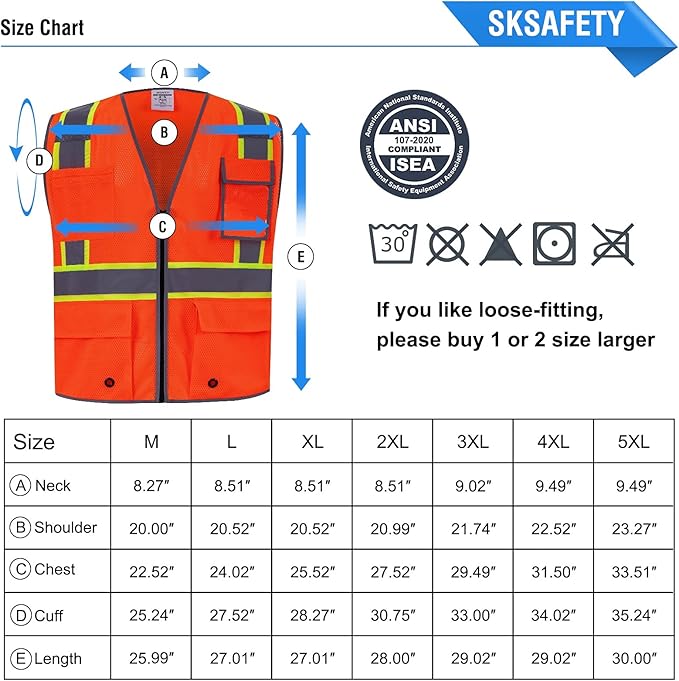 SKSAFETY 10 Pockets Safety Vest, Class 2 High Visibility Security with Zipper Double-sided mesh, Hi Vis Vest with Reflective Strips, ANSI/ISEA Standard, Construction Work Vest （Orange, 5XL）
