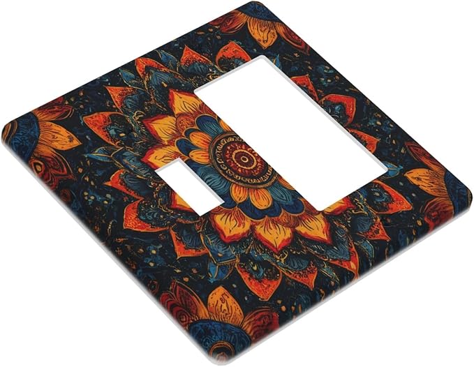 Colorful Oriental Floral Blooming Mandala Flower 2 Gang Combination Light Switch Covers Decorative Toggle Rocker/Decora Wall Plate Electrical Receptacle Switchplate Dimmer Faceplate Bathroom