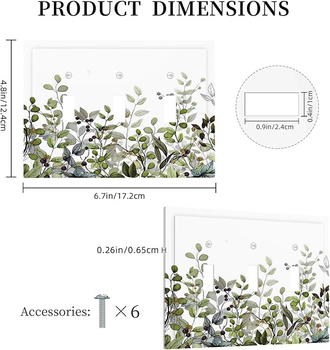 Watercolor Green Eucalyptus Leaves Plants Fruit Decorative Switch Plates 3 Gang Wall Plate Triple Toggle Light Switch Cover Faceplate Electrical Wall Panels for Bed Room Living Room Decor