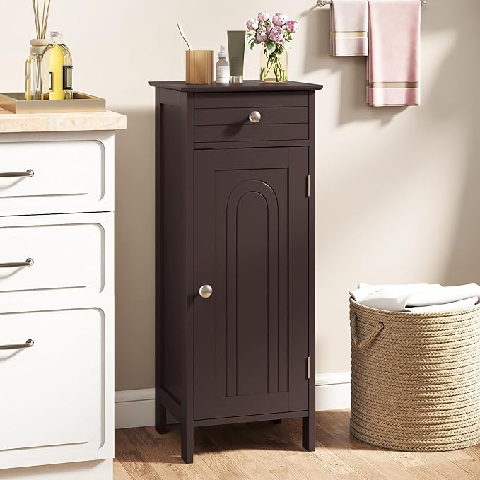 GLACER Floor Storage Cabinet, Multifunctional Freestanding Bathroom Storage Cabinet with 2 Adjustable Shelves, Ideal for Bathroom, Living Room, 14 x 12 x 34.5 inches (Brown)