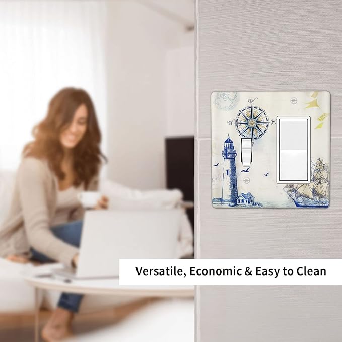 Nautical Sailboat Lighthouse Compass Anchor 2 Gang Light Switch Cover Plates Decorative Combination Toggle Rocker/Decora Wall Plate Rustic Electrical Switchplate for Country Bathroom Decor