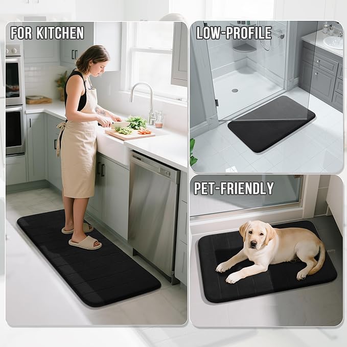 Yimobra 3 Pieces Memory Foam Bath Mat Set with U-Shaped Toilet Rug - Non Slip Super Soft Absorbent Quick Dry Bathroom Rugs for Bathtub, Vanity & Toilet Base, Black