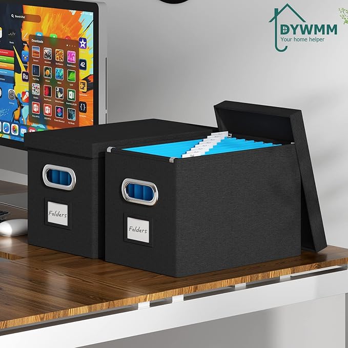 Hanging File Box with Lid, Set of 2 Filing Organizer Storage Box, Linen Collapsible Decorative Office/Home File Cabinet (14x9.3x10.9 inch) (Black)