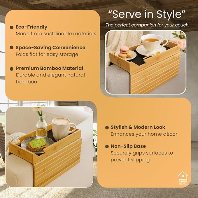 REVIV Bamboo Sofa Arm Tray Table - Foldable, Anti-Slip Couch Armrest Tray Table for Snacks, Drinks, and Devices, Flexible Couch Cup Holder, Durable and Natural Bamboo Design
