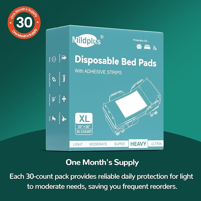 Bed Pads with Adhesive Strips 30''X36'', 30 Count | Extra Large XL Underpads | Secure & Waterproof Chucks for Incontinence Care | for Adults, Seniors, Kids & Pets