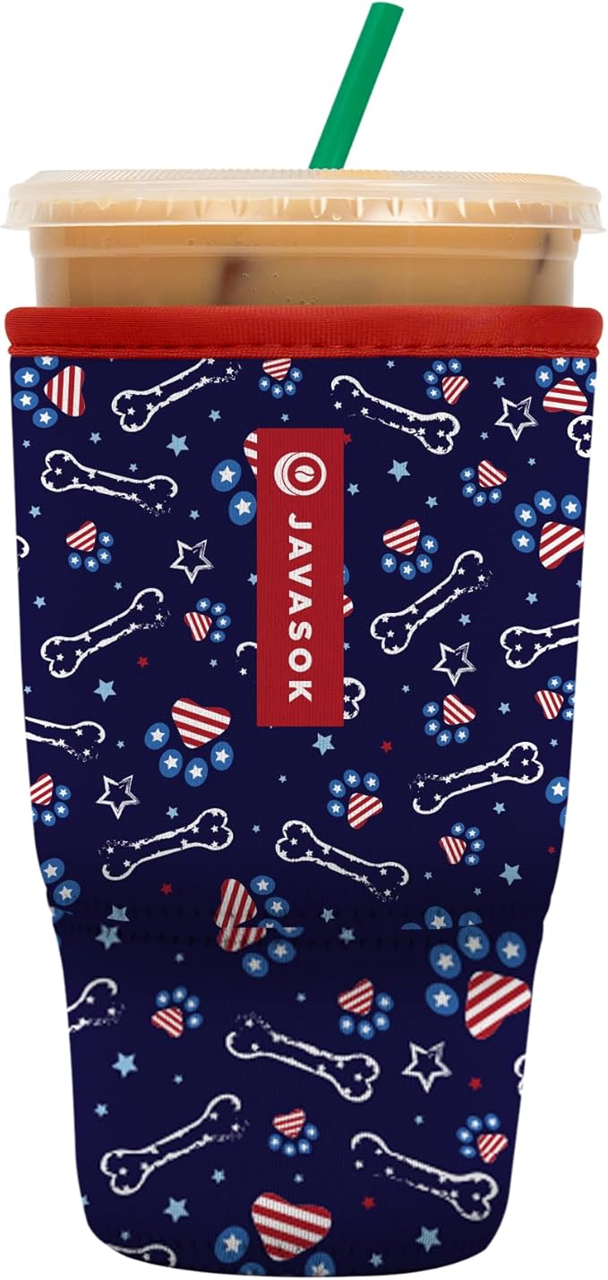 Sok It JavaSok Iced Coffee & Cold Soda Insulated Neoprene Cup Sleeve (Patriotic Paws, Large: 30-32oz)
