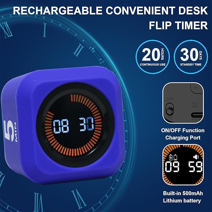 Rotating Cube Visual Pomodoro Timer 5, 25, 10 50 Minutes Preset + Custom Countdown, Rechargeable Desk Productivity Flip Timer with Detachable Silicone Cover for ADHD Study Work Kitchen School (Black)