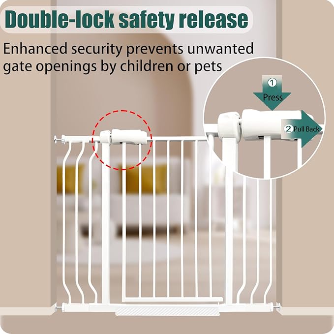 67-71.5 Inch Extra Wide Baby Gate, Pressure Mounted No Drill, Heavy-Duty Metal Safety Gate for Wide Stairs, White with Extension Kit