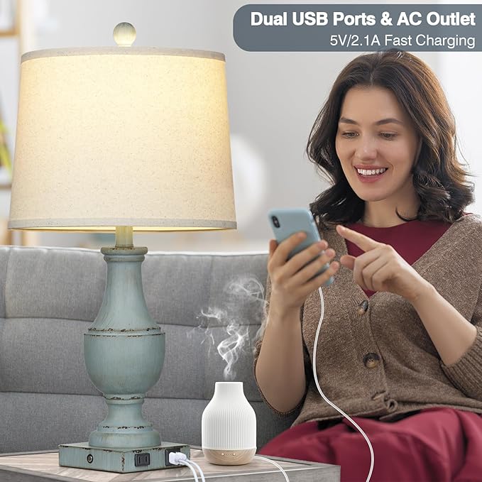 Farmhouse Table Lamps Set of 2, Rustic Touch Control Bedside Lamps with 2 USB Ports & AC Outlet, Vintage 3-Way Dimmable Nightstand Lamp Linen Fabric Shade for Living Room Bedroom End Table Decor