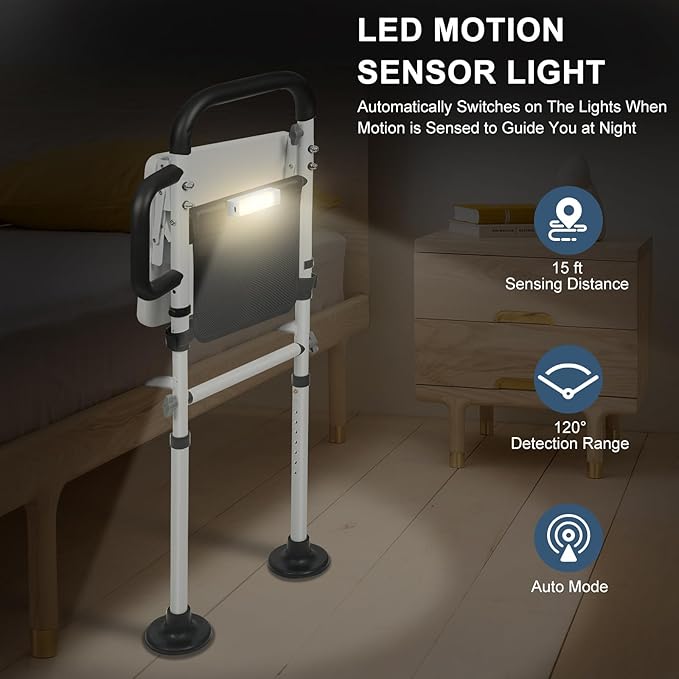 Bed Rail for Elderly Adults Safety,Bed Rails with Foldable Table Board,Storage Pocket,Sensor Light,Height Adjustable Bedside Assist Rail with Non-Slip Ergonomic Handle&Reinforced Support Bar