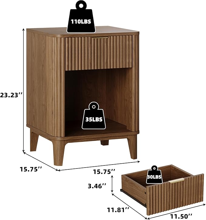 Mid Century Modern Night Stand Set of 2, Large Bedside Table Set of 2 with Drawer and Storage Shelf, Fluted Nightstands Rustic Wood End Table for Living Room Walnut