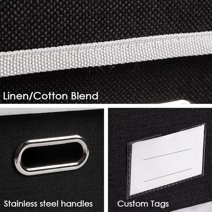 PRANDOM Foldable Storage Box with Lid [3-Pack] Fabric Collapsible Storage Bin Organizer Container Basket Cube with Cover for Home Bedroom Closet Office Nursery Black (14.9x9.8x9.8)