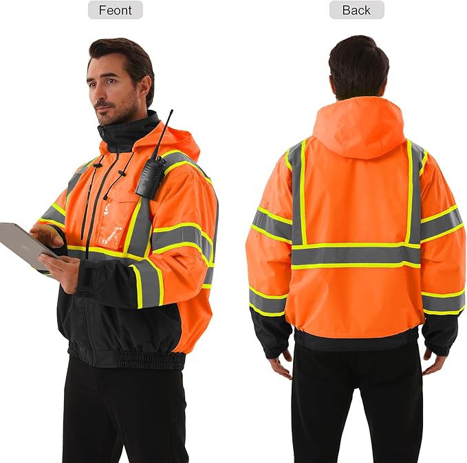 Hi Vis Safety jacket for men,Reflective high Visibility Hooded jacket,Work Bomber Jacket with Pockets and Zipper,Waterproof,ANSI Class 3 Black Bottom Tangerine,Medium