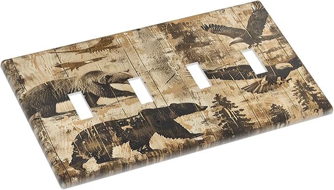 Light Switch Covers Vintage Cabin Wildlife Animal Bear Eagle Forest Quad Toggle Electrical Faceplate 4 Gang Wall Plate Decorative Switch Plates for Farmhouse Bedroom Decor