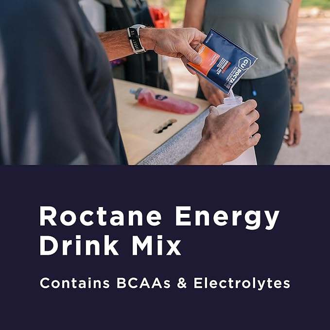 Gu Energy Roctane Ultra Endurance Energy Drink Mix, Vegan, Gluten-Free, Kosher, Caffeine- Free, and Dairy-Free n-The-Go Energy for Any Workout, 10 Single Serve Travel Size Packets, Strawberry Hibiscus