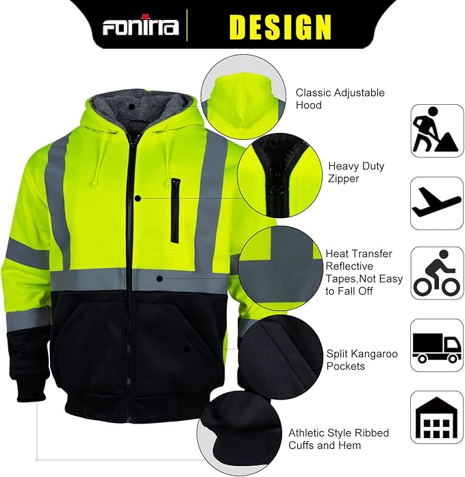 FONIRRA Men's High Visibility Safety ANSI Class 3 Lined Fleece Hoodie Sweatshirt with Black Bottom Jumper Workwear for Men(Yellow,S)