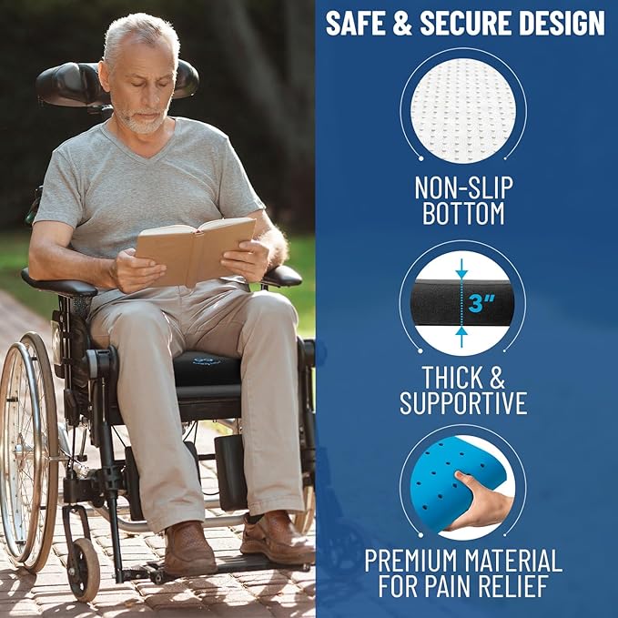 Everlasting Comfort Ventilated Wheelchair Cushions for Pressure Relief - Gel Memory Foam Wheel Chair Seat Cushion Pad for Seniors and Adults & Pain Relief - Soft Non-Slip Cover - Office Accessories