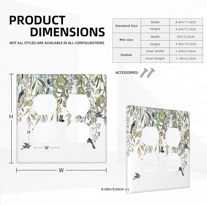 Green Leaf Eucalyptus Leaves Floral Bird Butterfly Outlet Covers 2 Gang Double Duplex Decorative Light Switch Covers Electrical Wallplates Socket Faceplate for Bed Room Living Room Decor